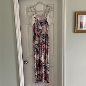 Floral Pleated Maxi Dress with Ruffle Shoulders